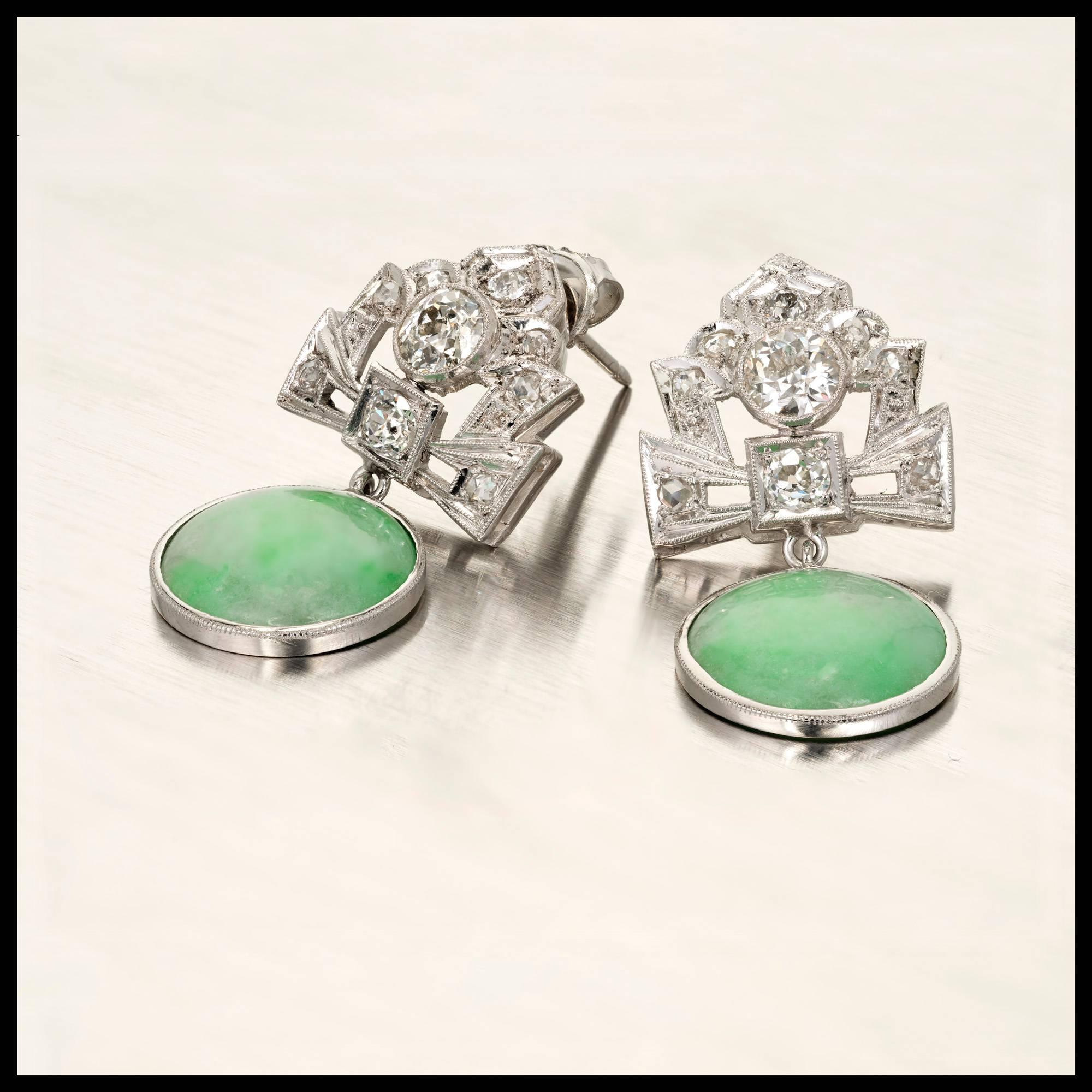 Round Cut GIA Certified Art Deco Jadeite Jade Diamond Dangle Platinum Earrings