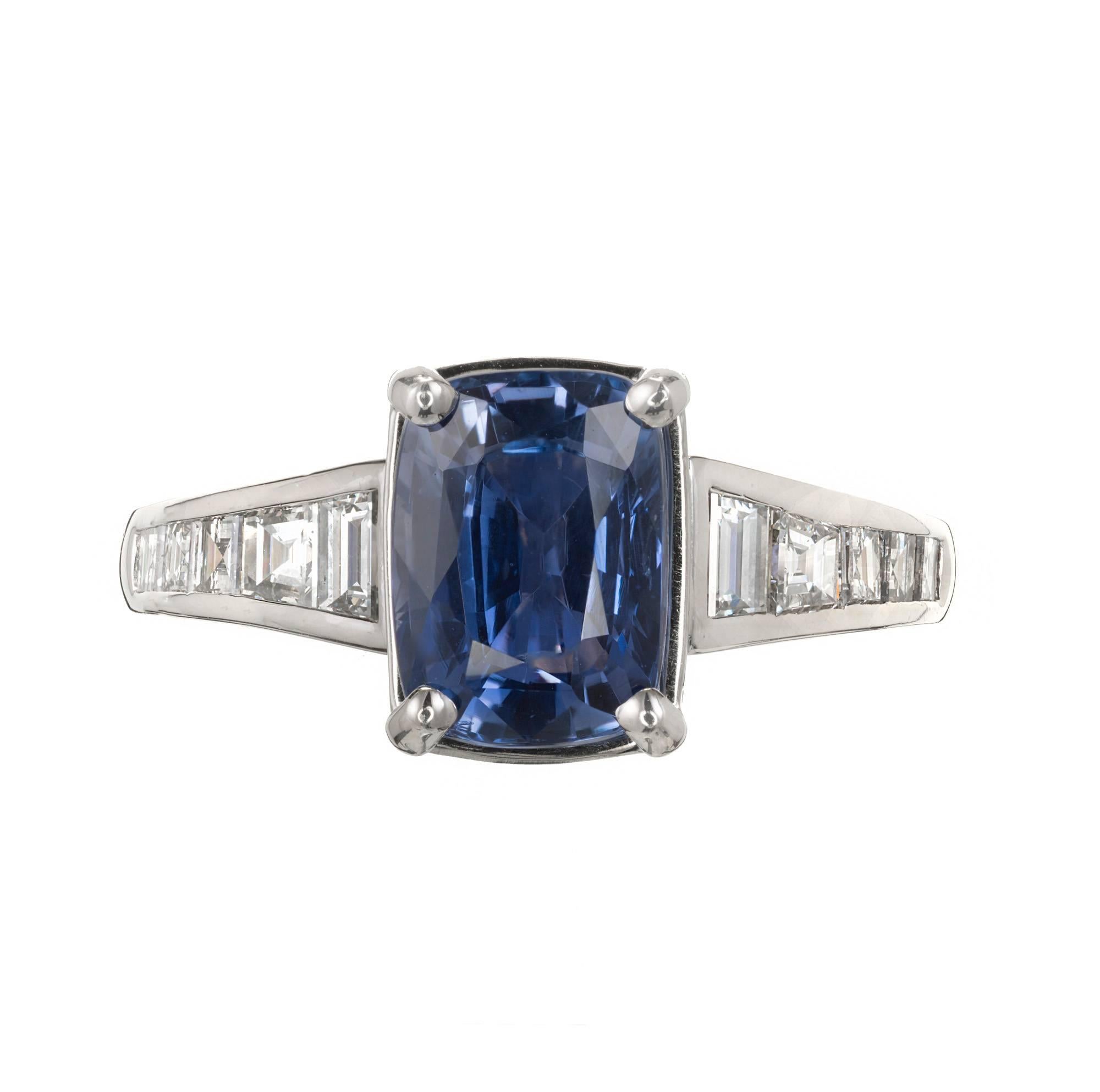 GIA certified violet blue cushion cut natural untreated Sapphire and trapezoid and square diamond in a Sasha Primak setting. Sasha Primak style ER 84

1 cushion blue Sapphire, approx. total weight 3.03cts, GIA certificate #1162423595
10 trapezoid &