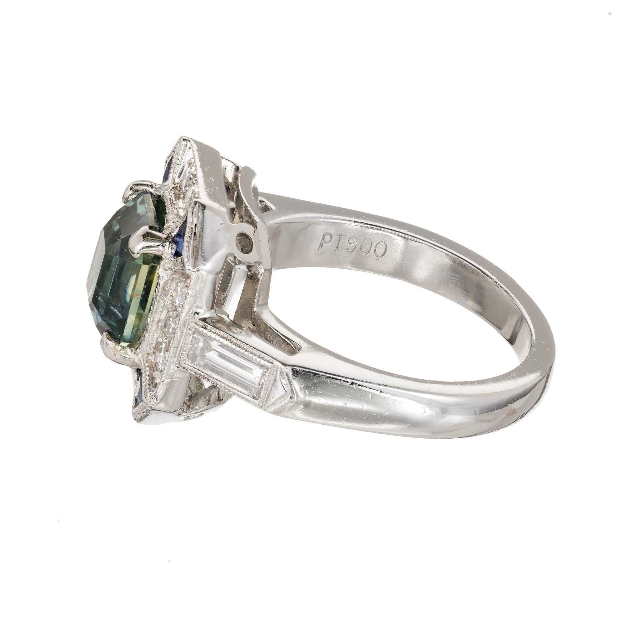 Bague de fiançailles Peter Suchy en platine avec saphir vert de 3,39 carats et diamant Excellent état - En vente à Stamford, CT