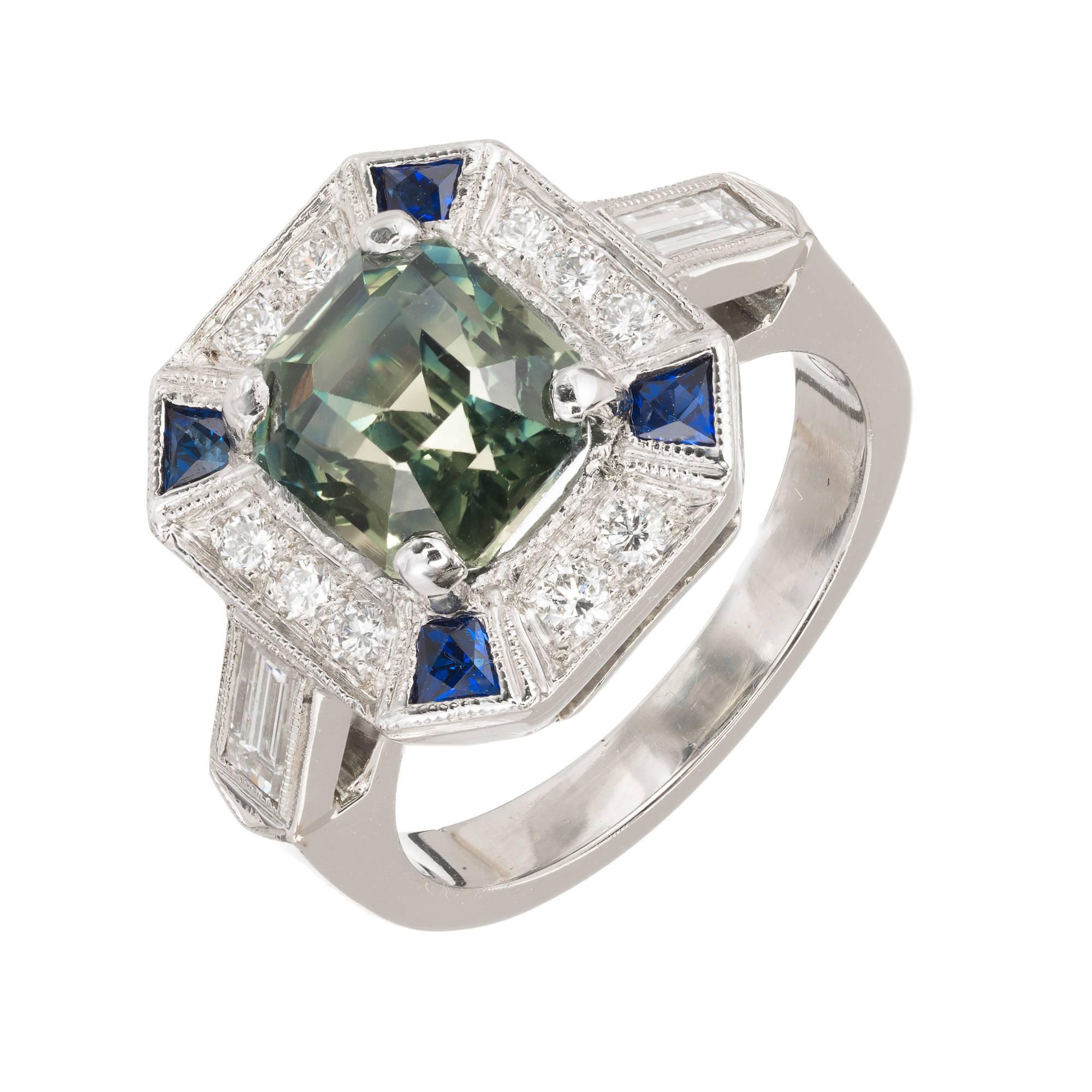 Peter Suchy handmade platinum engagement ring with a no heat octagonal step cut green sapphire. GIA Certified with a slight blue overtone.  The ring was designed and made to bring out and showcase the natural beauty of the center stone.  Four