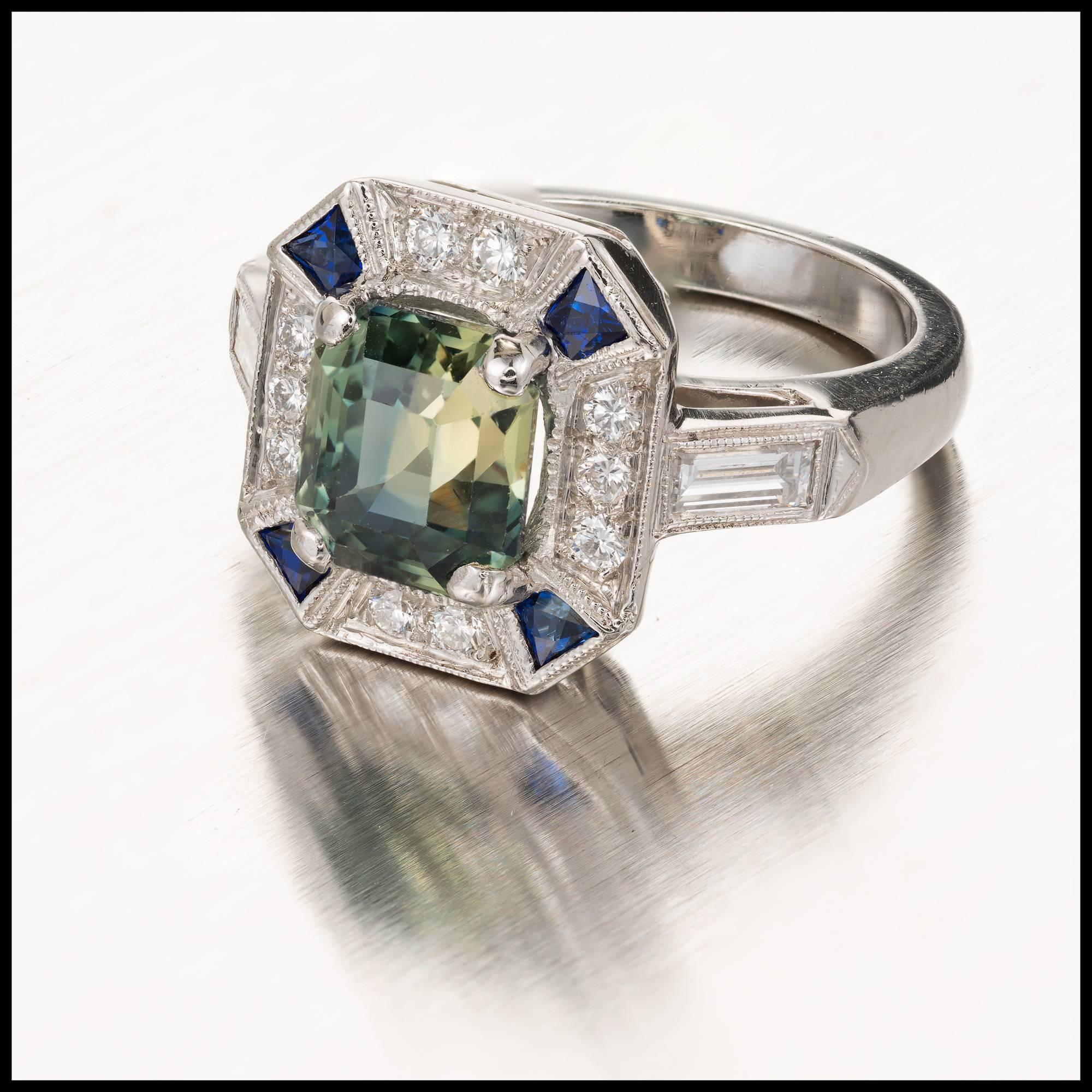 Bague de fiançailles Peter Suchy en platine avec saphir vert de 3,39 carats et diamant en vente 3