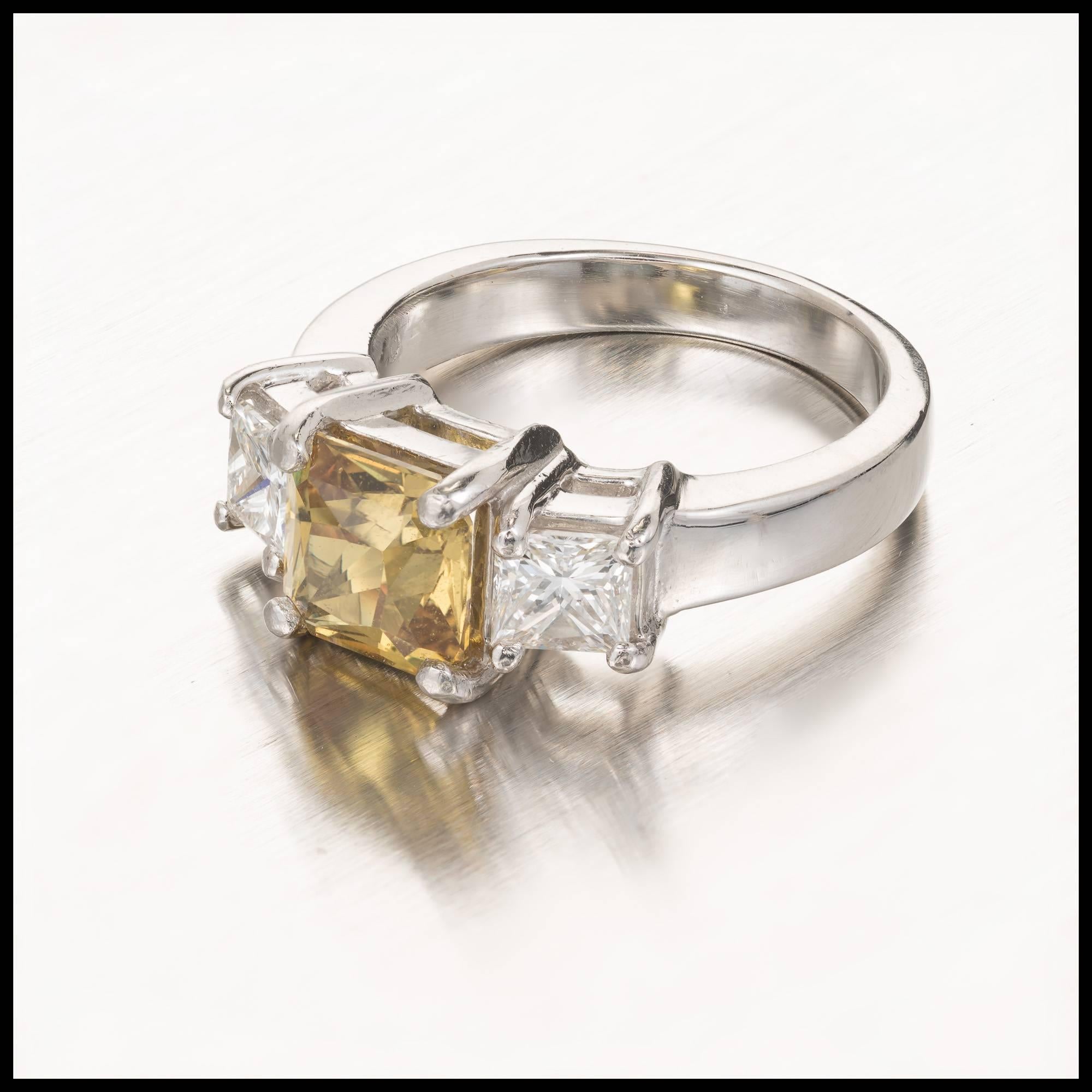 Princess Cut Peter Suchy 2.32 Carat Yellow Natural Sapphire Diamond Platinum Engagement Ring For Sale