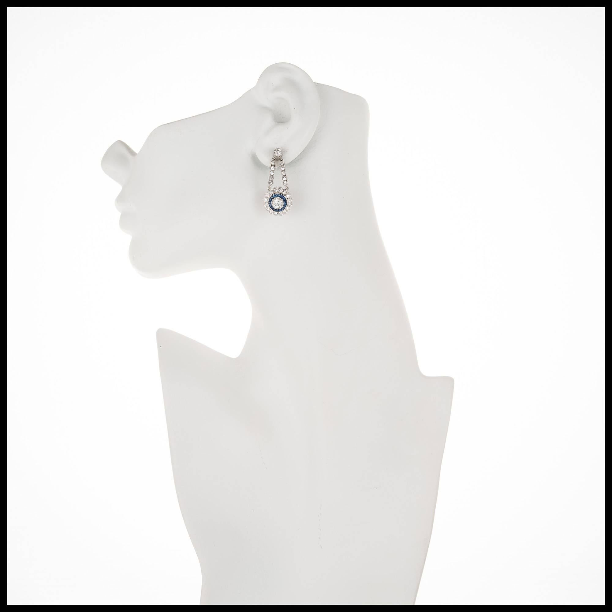 Round Cut Art Deco Sapphire Diamond Platinum Dangle Earrings