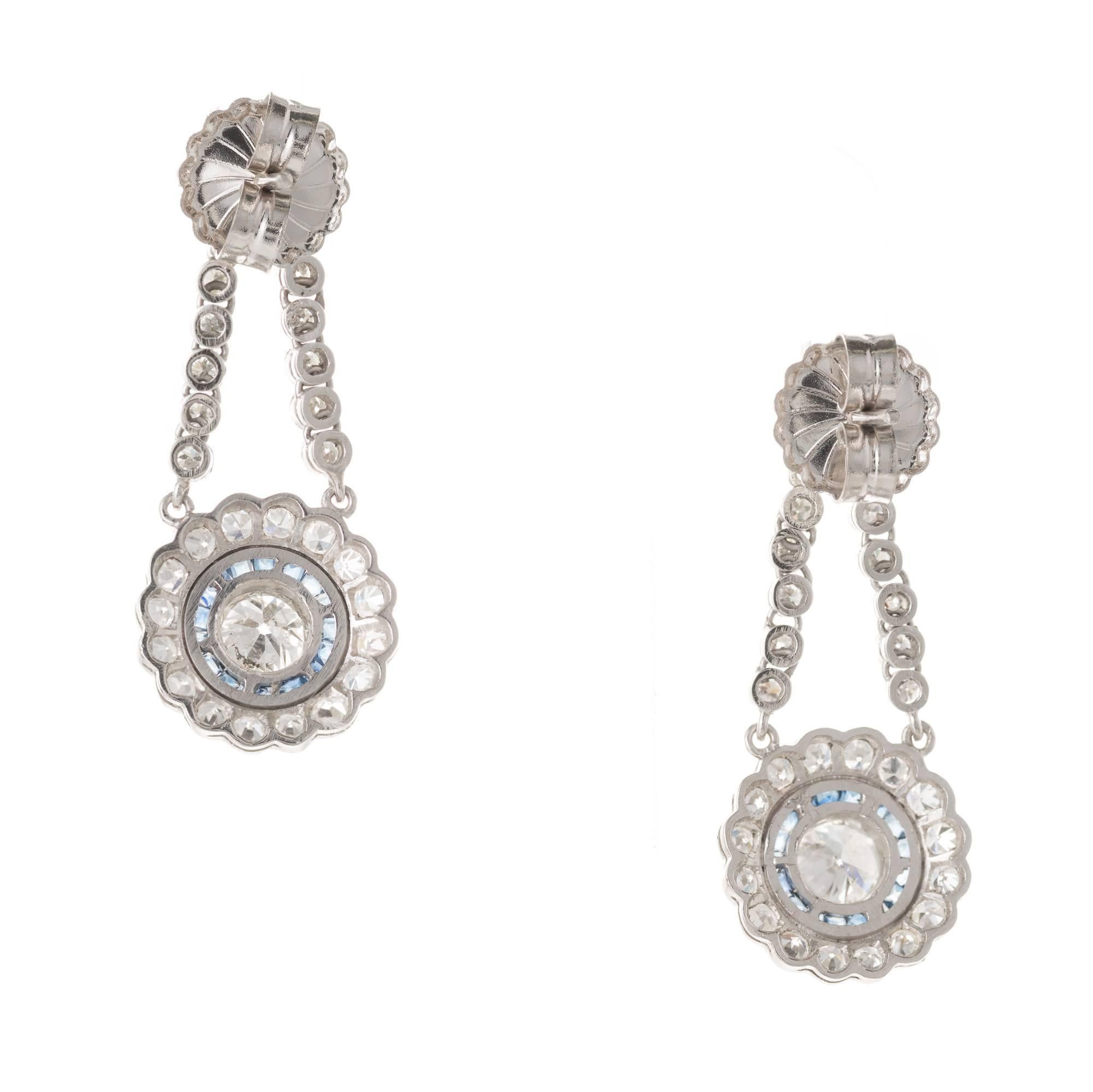 Art Deco Sapphire Diamond Platinum Dangle Earrings In Good Condition In Stamford, CT