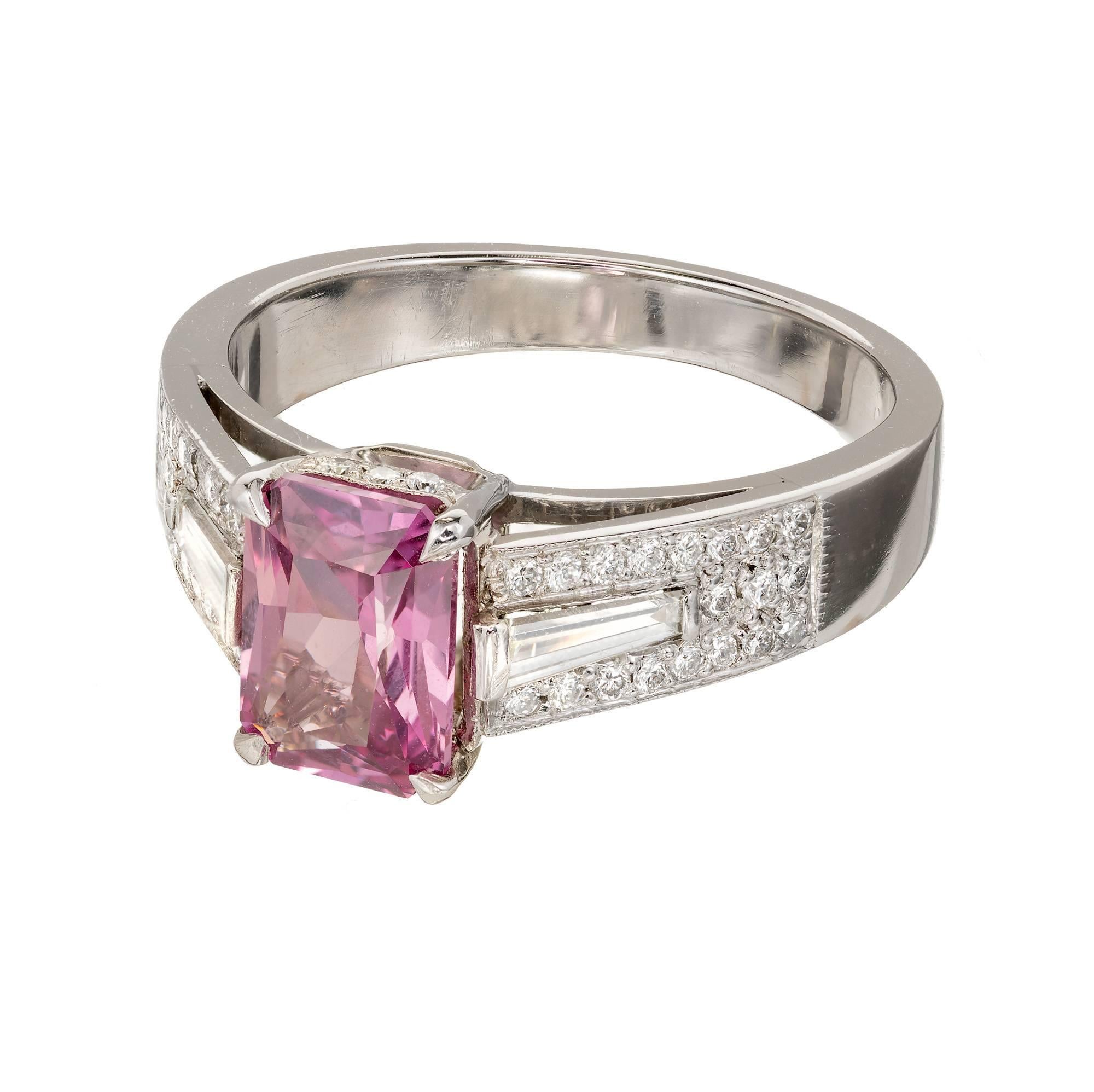 Peter Suchy vintage inspired purple pink octagonal sapphire and diamond engagement ring.  GIA Certified natural no heat or no enhancements. Bright and sparkly. Pink with a purple overtone.

1 Octagonal Sapphire purplish pink SI approximate 2.06