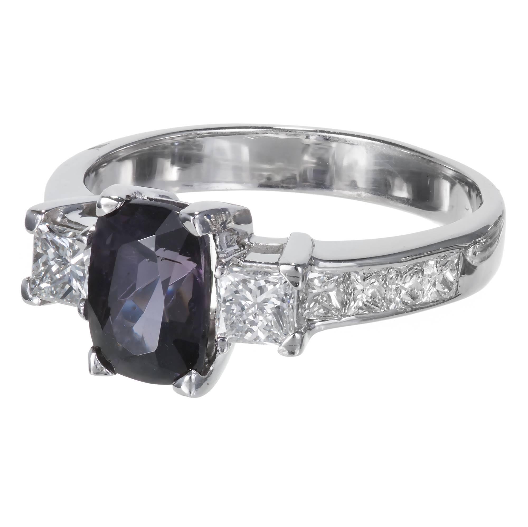1.74 carat spinel 14k white gold and Platinum engagement ring. Center set with an GIA certified deep purple cushion cut Spinel accented with Princess cut bright sparkly side diamonds. 

 1 cushion cut genuine dark purple Spinel, approx. total weight