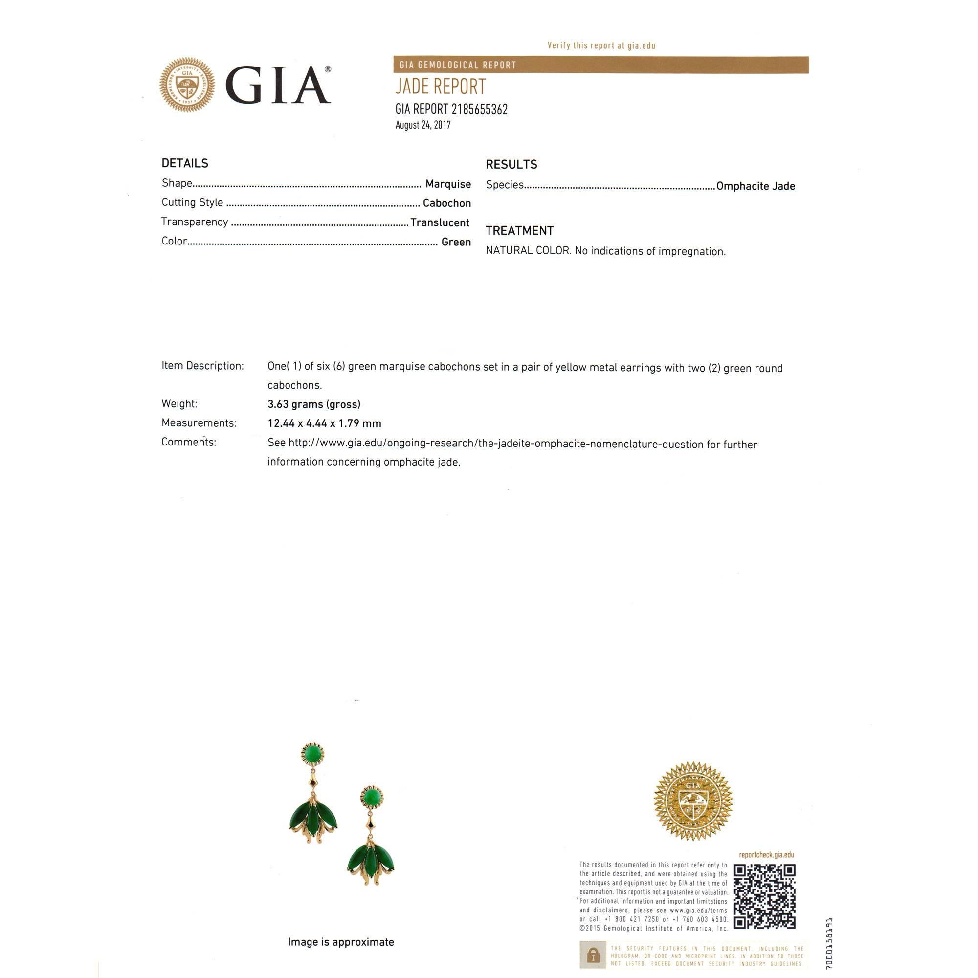 GIA-zertifizierte natürliche Omphazit-Jadeit-Jade-Gold-Kronleuchter-Ohrringe (Rundschliff) im Angebot