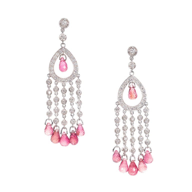 10.05 Carat Diamond Pink Tourmaline Briolette Chandelier Dangle
