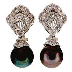 South Sea Cultured Pearl Diamond Gold Dangle Earrings 1