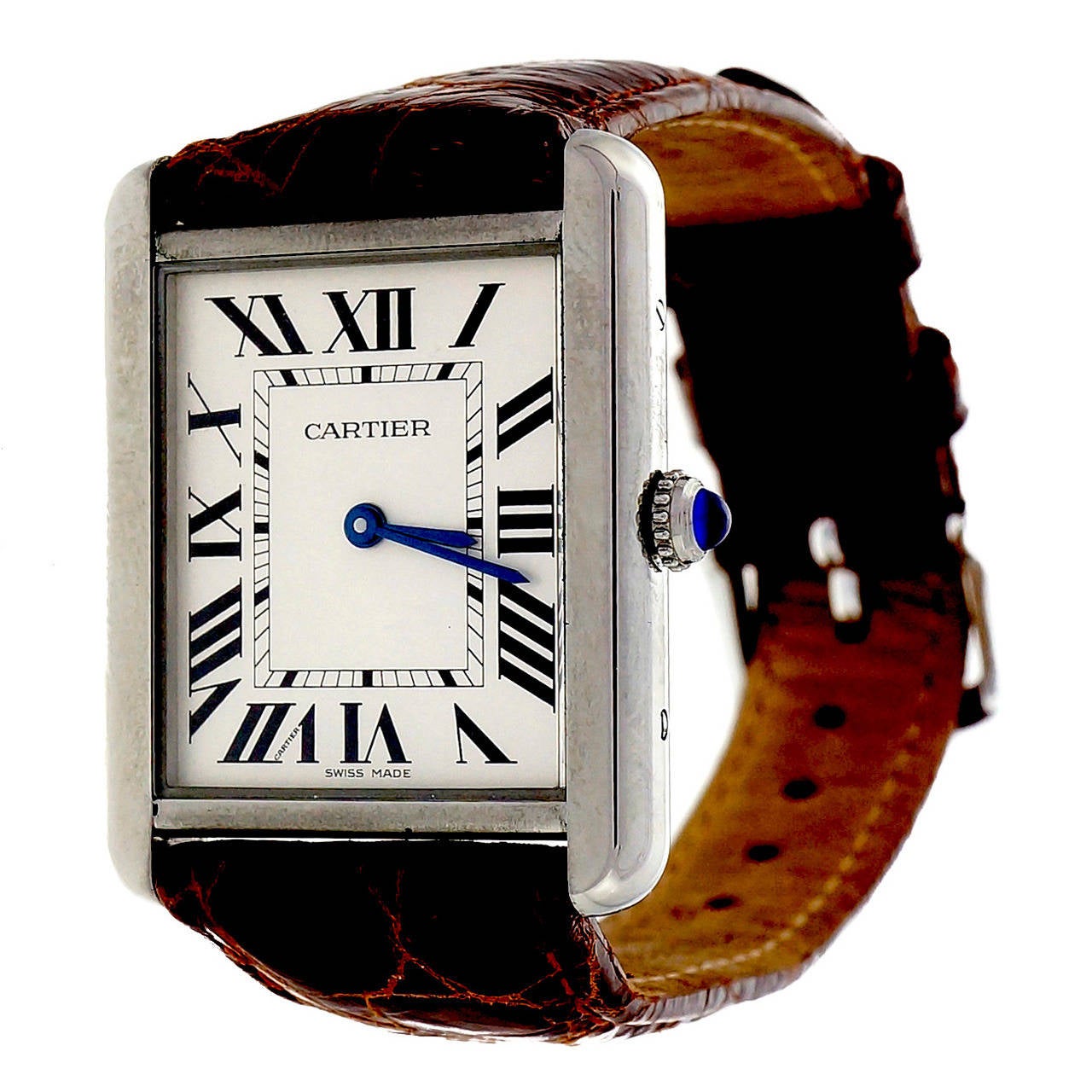Cartier Tank Solo White Roman Dial Stainless Steel Case Leather Band 28mm  3169