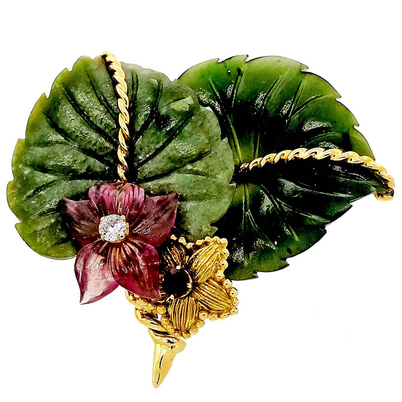 Tiffany and Co. Jade Tourmaline Ruby Diamond Gold Leaf Pin at 1stDibs