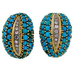 Persian Turquoise Diamond  Gold Clip Post Earrings