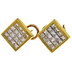 Princess Cut Diamond Gold Square Clip Post Earrings 6