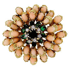 Vintage Le Triomphe Coral Tourmaline Diamond Gold Pin Pendant