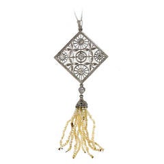 Victorian Old European Diamond And Pearl Tassel Platinum Pendant Necklace 9