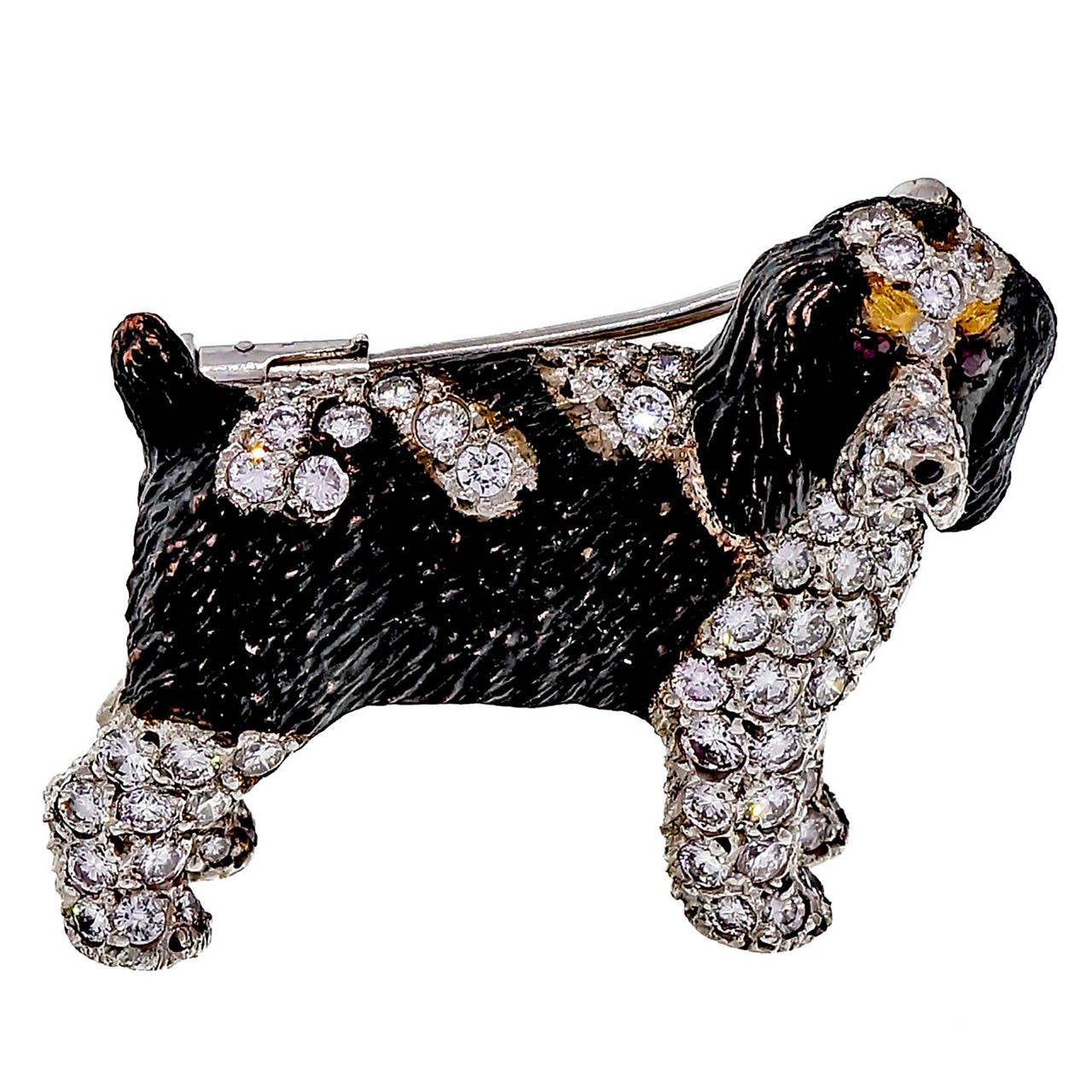 E. Wolfe 2.51 Carat Brittany Springer Spaniel Diamond Ruby Gold Dog Brooch For Sale