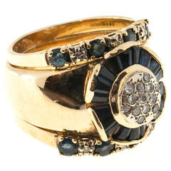 Vintage Wide Sapphire Diamond Gold Ring
