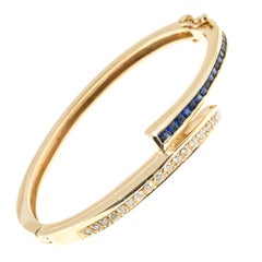 Square Sapphire Diamond Gold Bangle Bracelet
