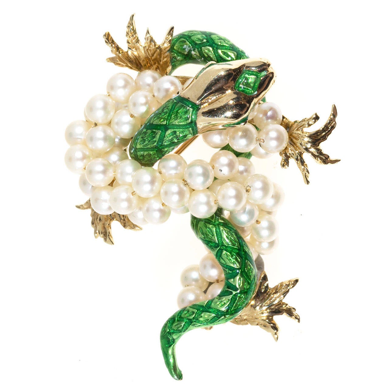 Green Enamel Freshwater Pearl Gold Dragon Brooch For Sale