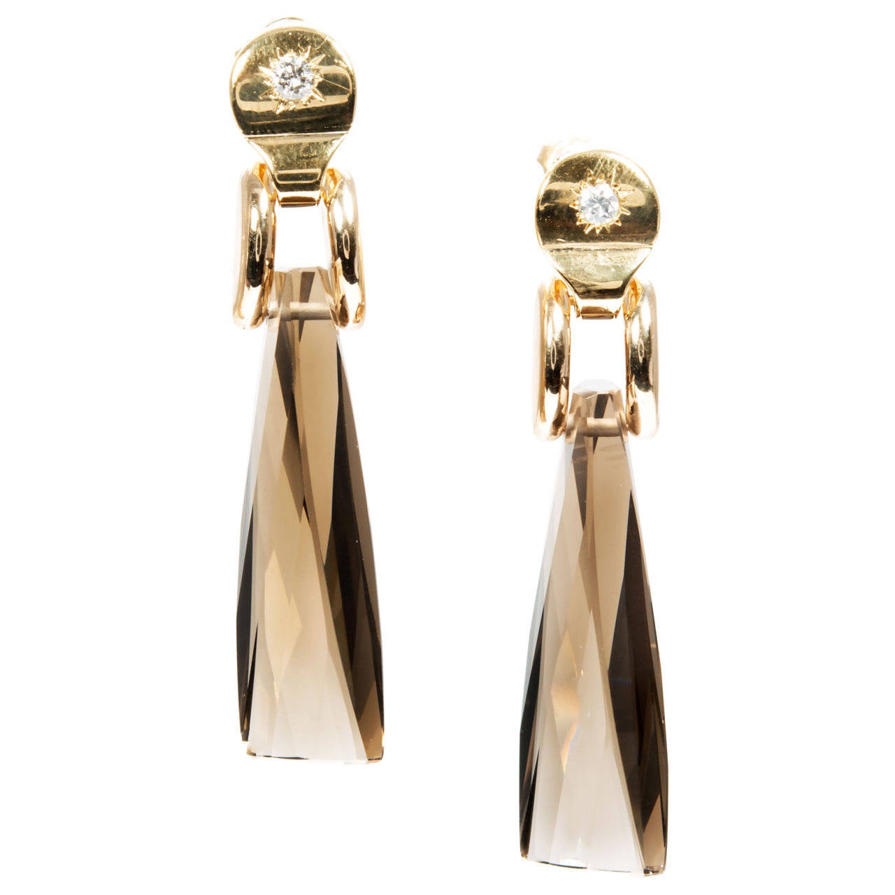 Smoky Quartz Diamond Gold Dangle Earrings For Sale
