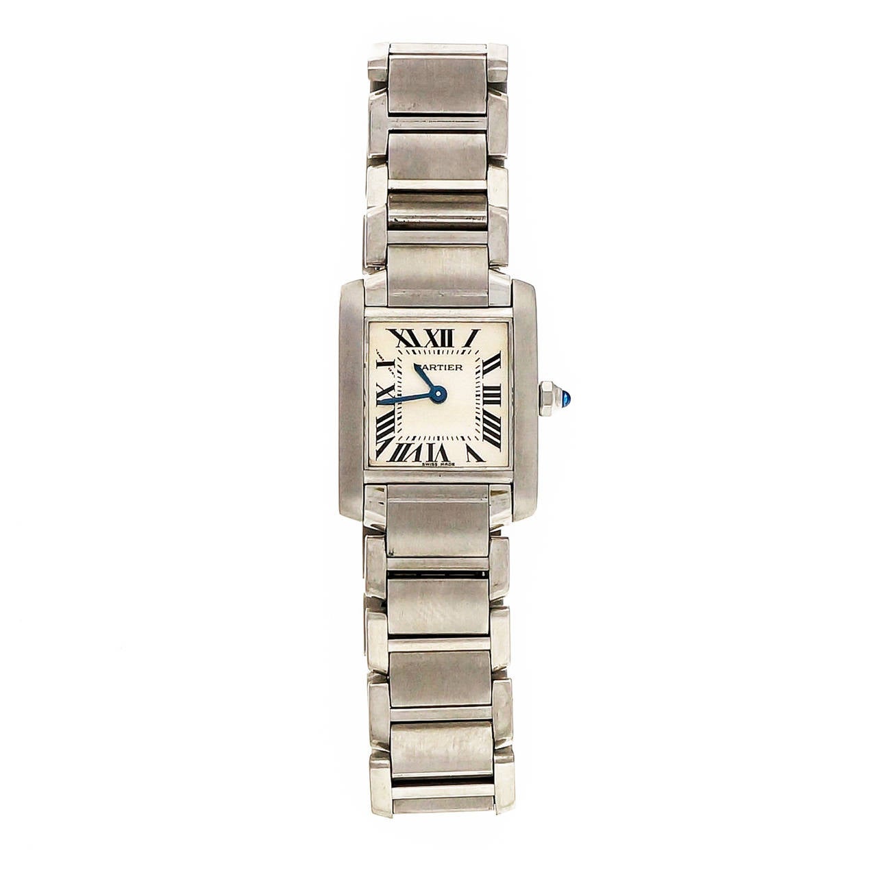 Ladies steel Cartier tank Francaise Quartz watch. Keeps excellent time. 

Steel
Strap length: 6 5/8 inches
Length: 25.19mm
Width: 20.5mm
Band width at case: 15mm
Case thickness:6.24mm
Band: Steel Cartier
Crystal: Sapphire
Dial: Original