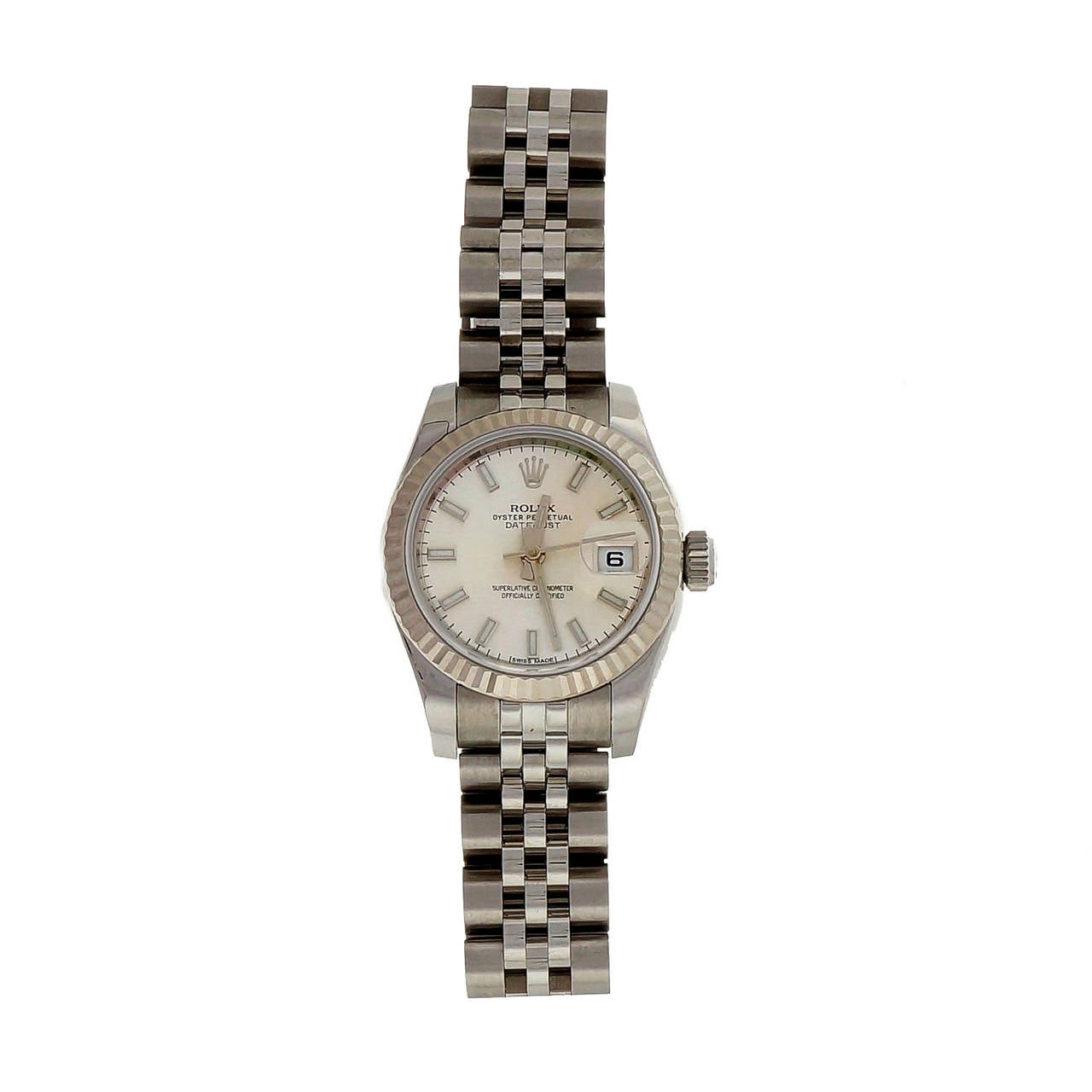 Ladies solid stainless steel Rolex Datejust wrist watch 179174, newest style with solid stainless band, silvered dial. Won as a business award. Never Worn. White gold bezel.

Steel
Length: 27.50mm
Width: 25.62mm
Band width at case: 13mm
Case