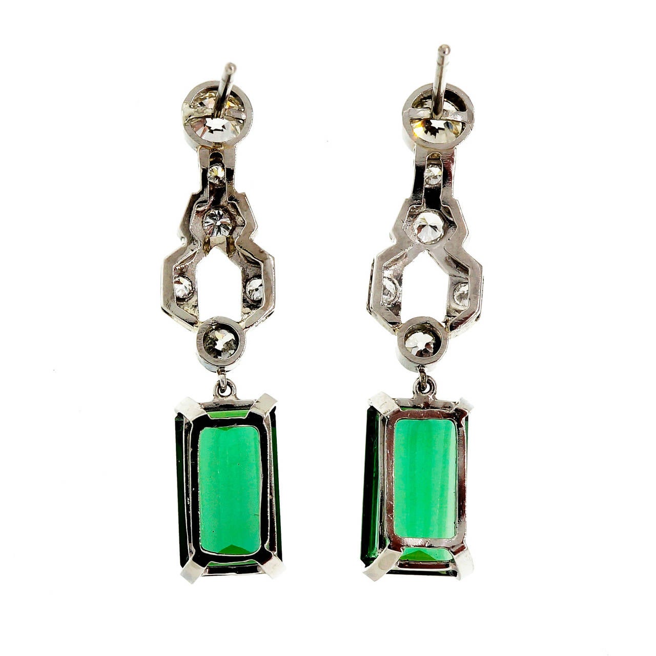 Women's Emerald Cut Tourmaline Diamond Platinum Dangle Earrings