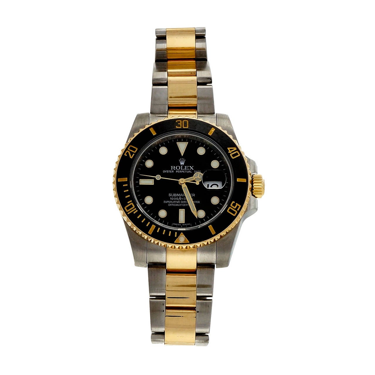 Men’s Rolex 18k gold and steel Submariner 116613 Ceramic bezel. Keeps excellent time. Newest style. Rare black on black model.

18k Yellow gold & Steel
Strap length: 8 inches
Box and papers included
Length: 47.6mm
Width: 40mm
Band width at