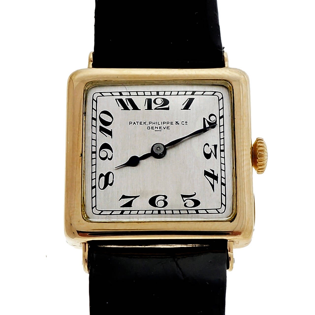 Rare 1925 Art Deco 18k yellow gold wrist watch. A beautiful example of roaring 1920’s Patek watch making. Keeps excellent time. Excellent Art Deco Patek dial. Original 18k Patek buckle. Custom made new black Alligator band. A great addition for any