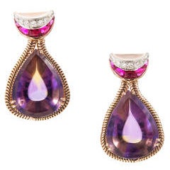 Unique Pear Shaped Amethyst Citrine Gold Dangle Earrings 1