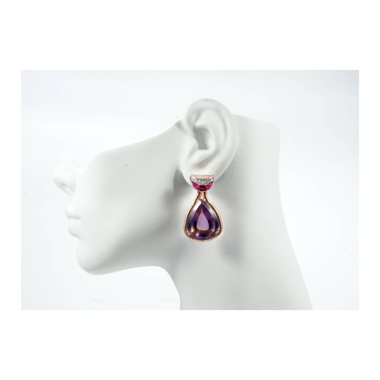 Pear Cut 54.00 Carat Pear Shaped Amethyst Citrine Diamond Rose Gold Dangle Earrings For Sale