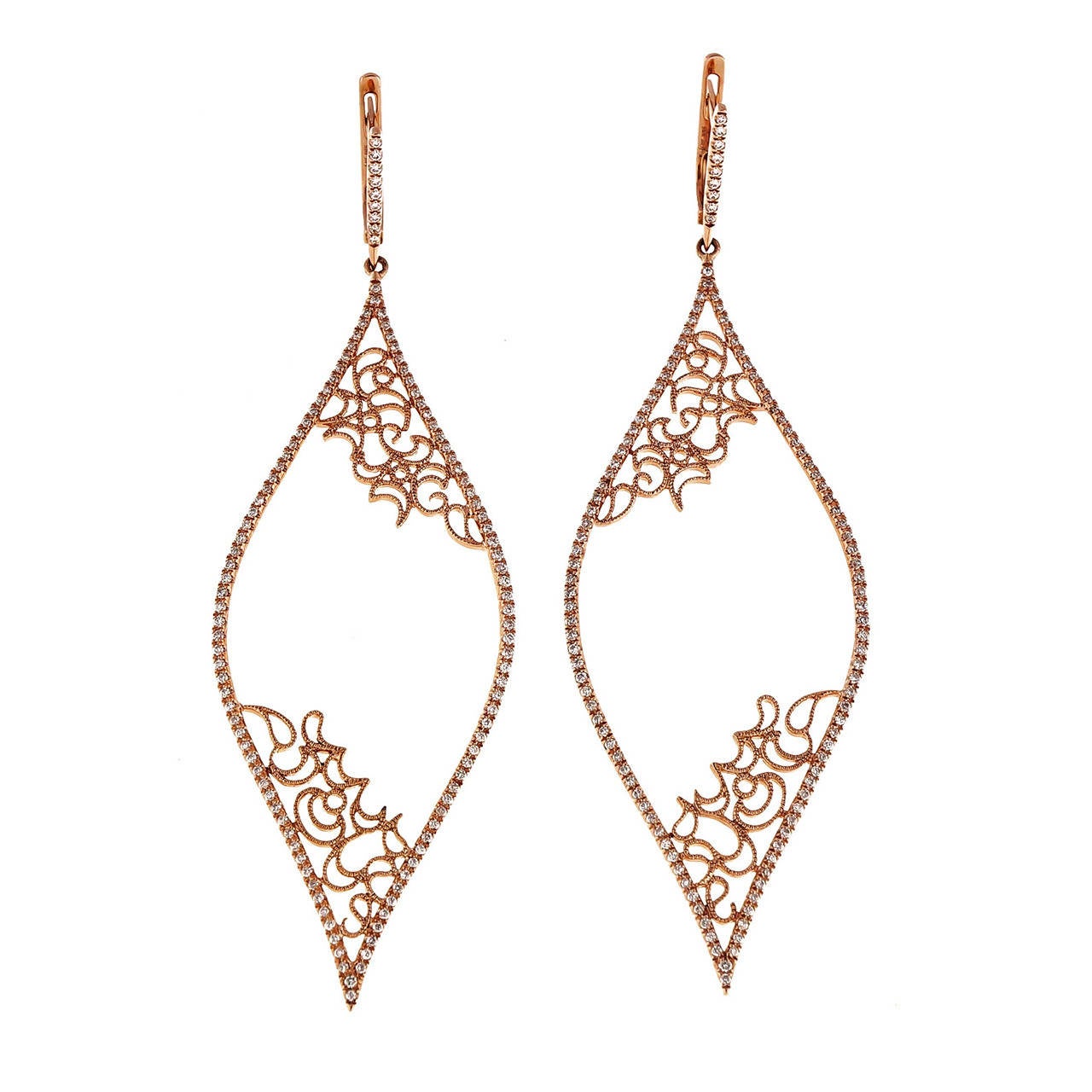 Diamond Micro Pave Rose Gold Dangle Earrings For Sale at 1stdibs