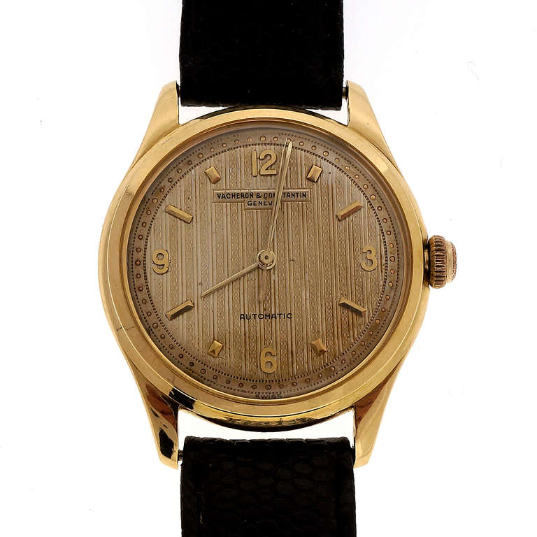Rare and highly desirable 1960-1970 Vacheron Constantin with beautiful highly detailed 18k dial with gold markers and sweep second hand. Excellent condition, no repairs or defects. Looks great on the wrist. Restored and keeps great time. Rare Cal