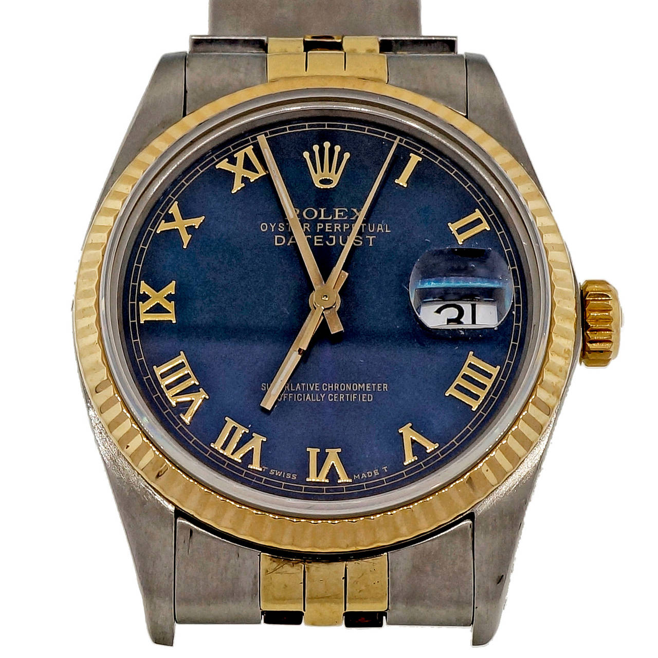 Modern Rolex Yellow Gold Stainless Steel Datejust Custom Color Blue Dial Wristwatch