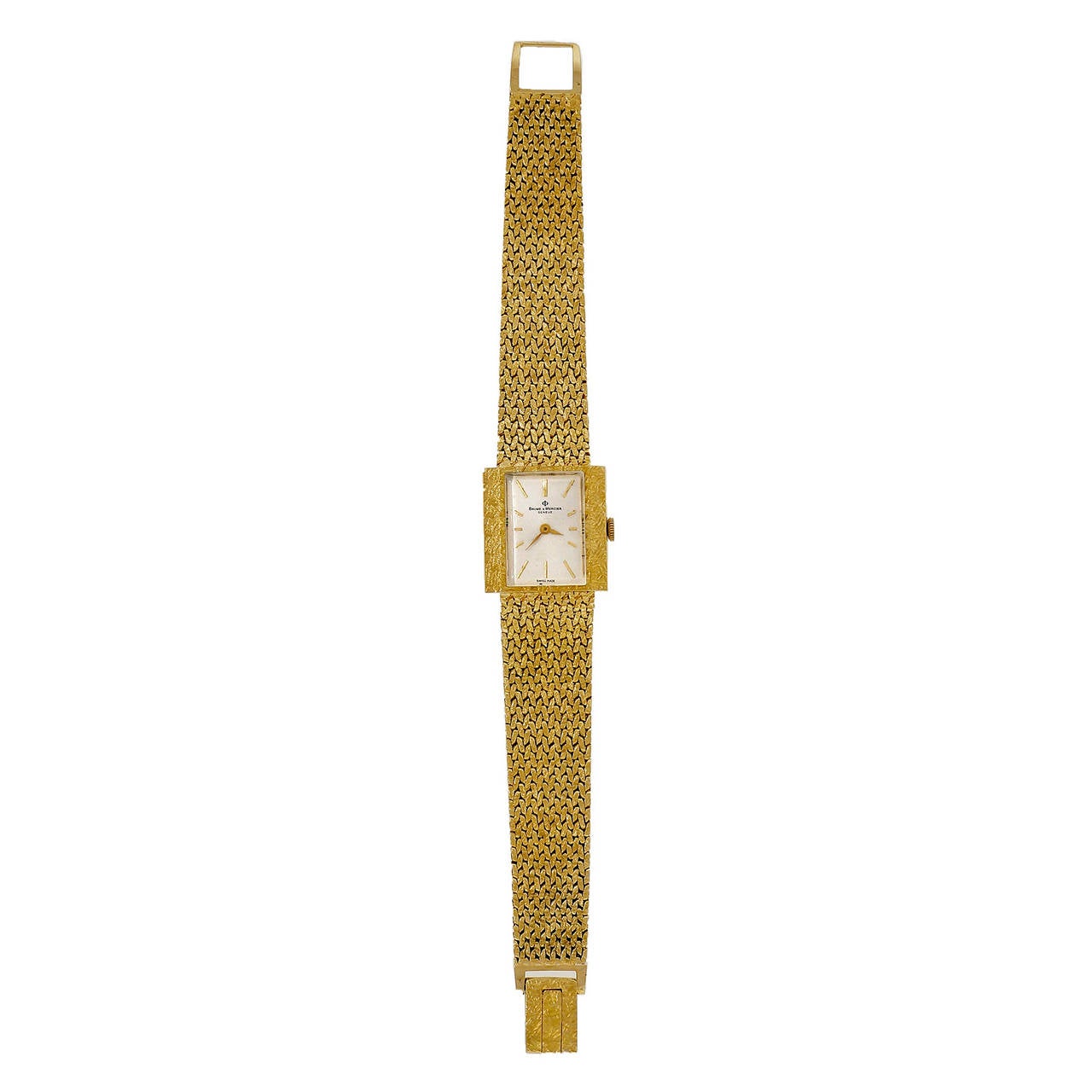 Rare extra fine 1950-1960 Baume & Mercier 18k yellow gold handmade mesh watch with matching band and handmade catch with double fold over safety. Exceptional condition for its age. Original dial. Very good looking with case edges that match the