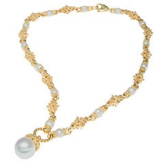 Heavy South Sea Cultured Pearl Gold Link Chain Necklace