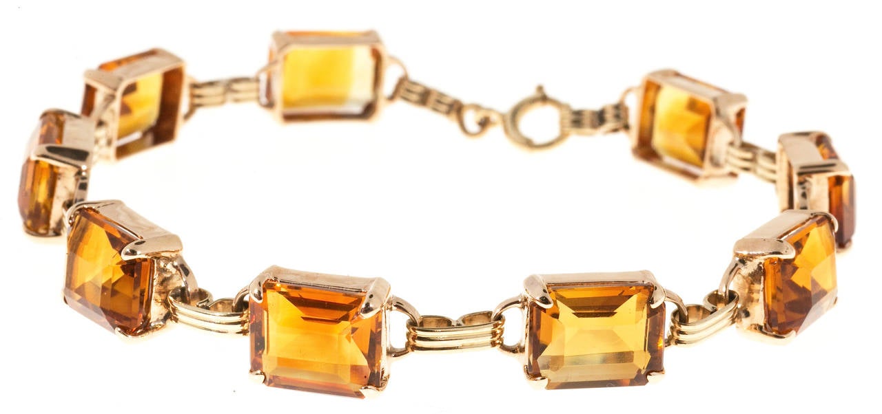 Retro Art Deco Natural Madera Citrine Pink Gold Hinged Bracelet