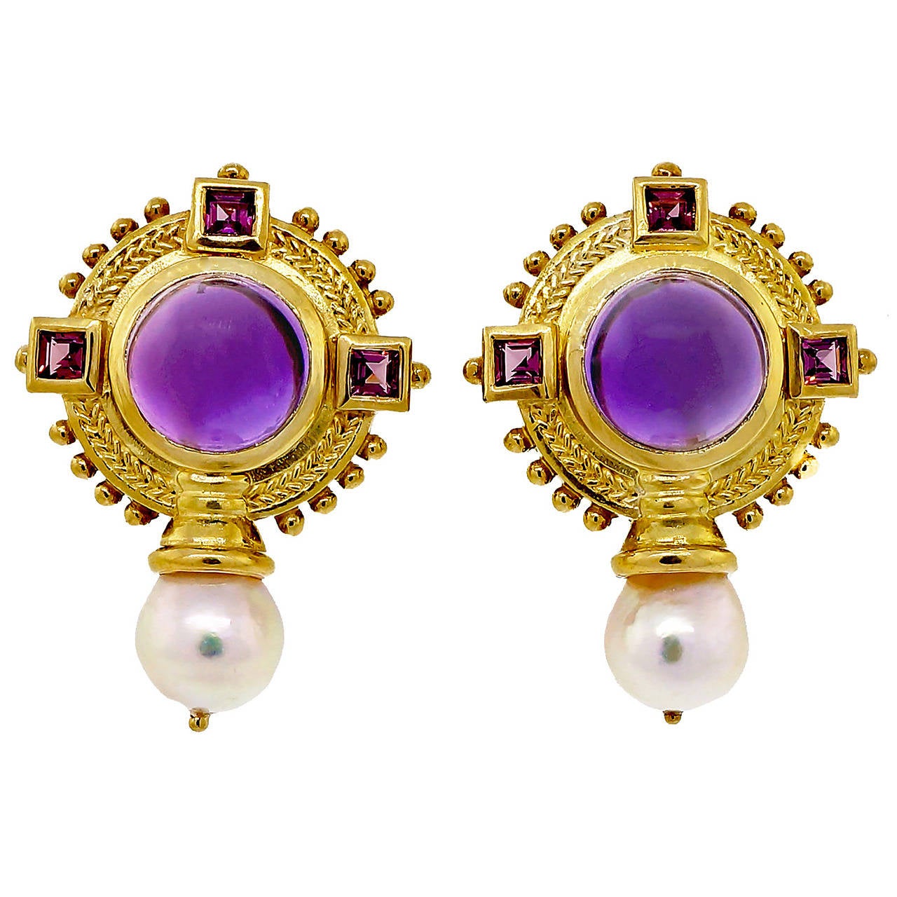 Seidengang Amethyst Pink Tourmaline Baroque Pearl Byzantine Gold Earrings