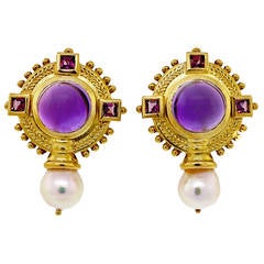 Retro Seidengang Amethyst Pink Tourmaline Baroque Pearl Byzantine Gold Earrings