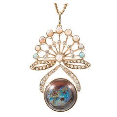 Boulder Opal Pearl Diamond Gold Pendant Necklace