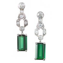 Emerald Cut Tourmaline Diamond Platinum Dangle Earrings