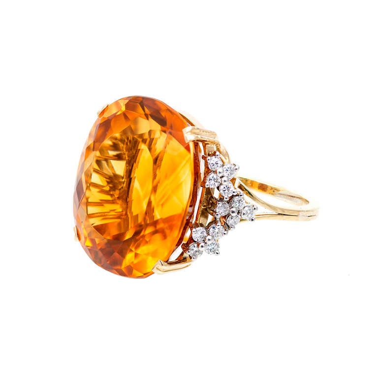 Mid century 1950-1960 huge bright orangy yellow natural Citrine handmade 18k yellow gold wire ring with fine diamonds in white gold settings. Excellent condition, no repairs or defects. Looks great on the hand. Well polished top to bottom. Side to