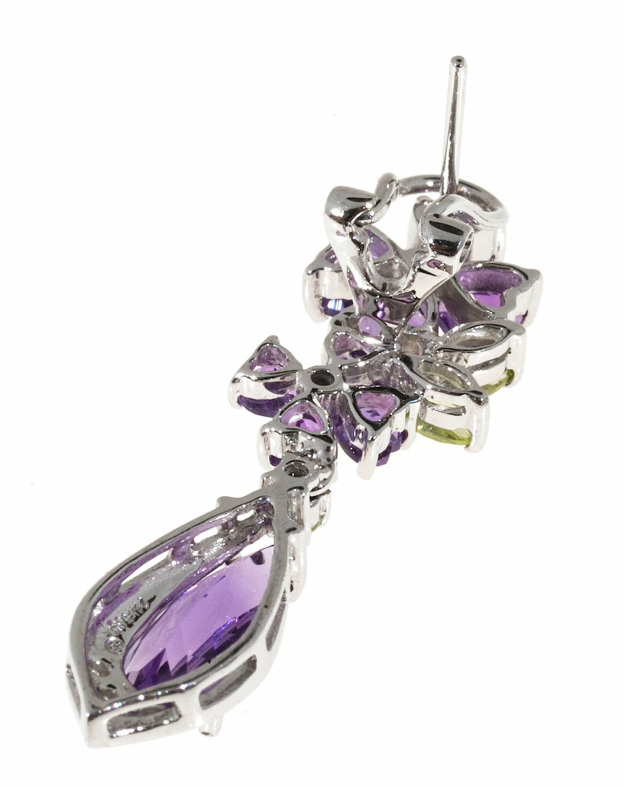 14k white gold dangle earrings with bright purple Amethyst, light green Peridot and diamonds.

18 genuine Amethyst, approx. total weight 3.75cts
14 single cut diamonds, approx. total weight .06cts, H, SI
6 Peridot, approx. total weight