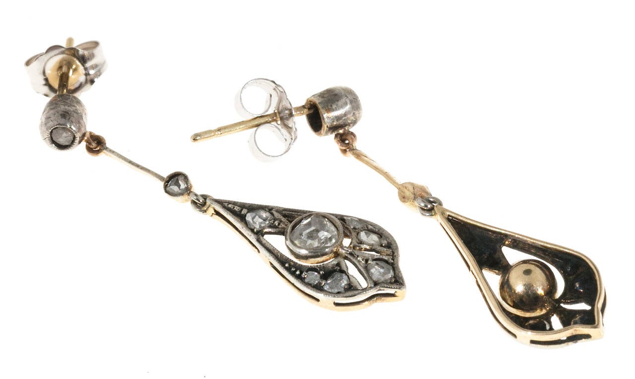 Victorian Diamond Silver Gold Dangle Earrings In Good Condition In Stamford, CT