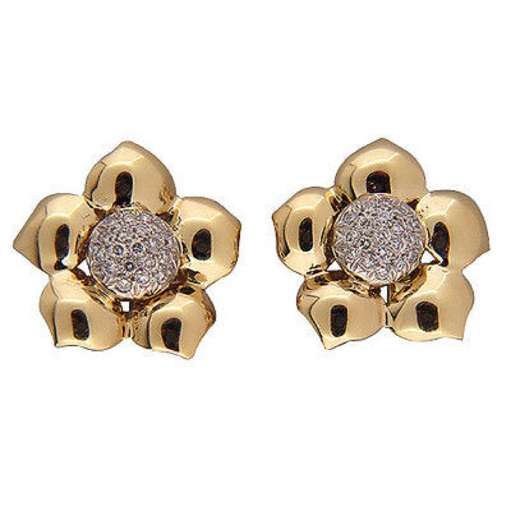 Diamond Gold Button Flower Style Earrings For Sale at 1stdibs