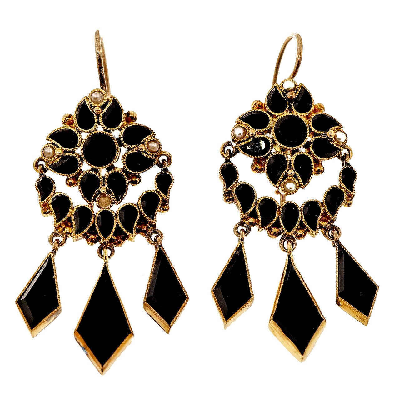 Victorian Black Onyx Natural Pearl Yellow Gold Earrings