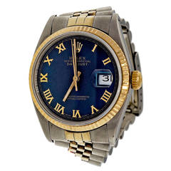 Vintage Rolex Yellow Gold Stainless Steel Datejust Custom Color Blue Dial Wristwatch