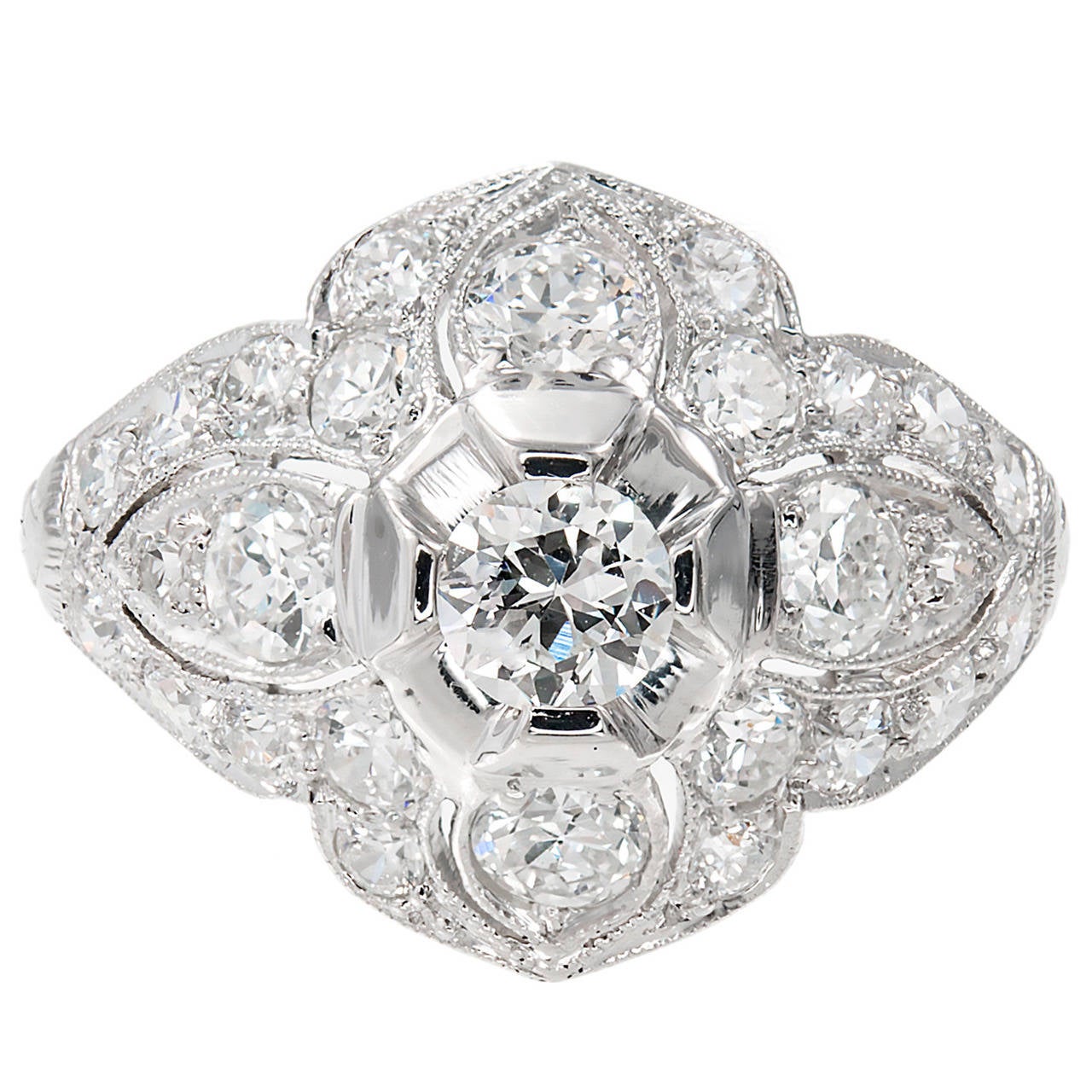 1.31 Carat Old European Diamond Platinum Dome Edwardian Engagement Ring For Sale