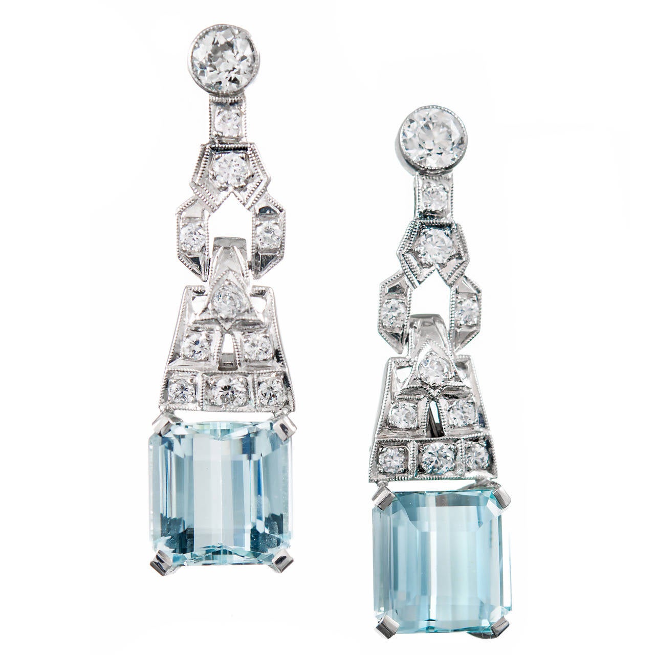 Aqua Diamond Platinum Dangle Earrings