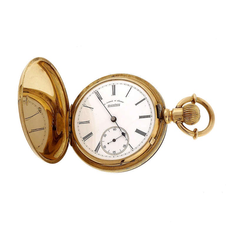 All original A. Lange & Söhne hunting case lever set pocket watch 16115 1880 to 1885. Rare collection item from one of the world's best watchmakers. Natural patina. Excellent condition. Looks great in the hand. Double dust cover on rear with inner